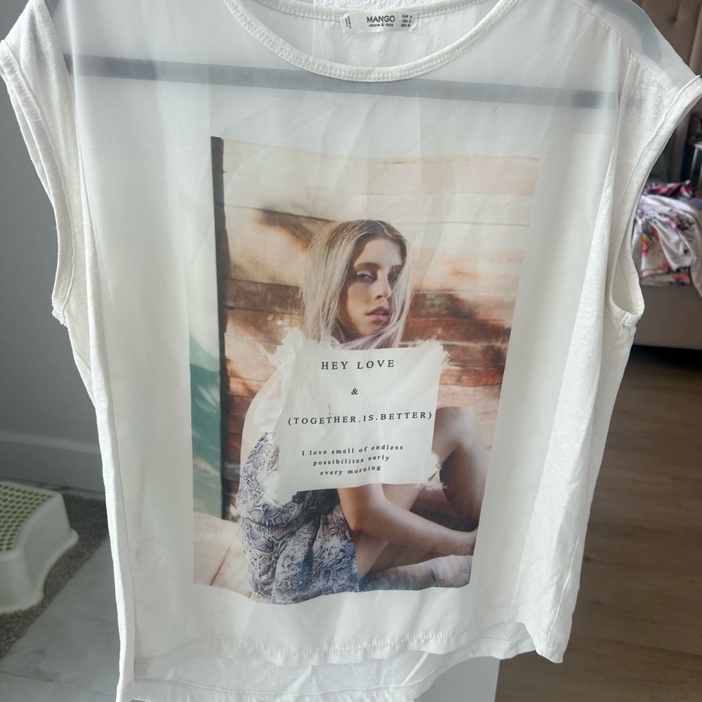 MANGO White Graphic Mesh Tank Top with Photo Print